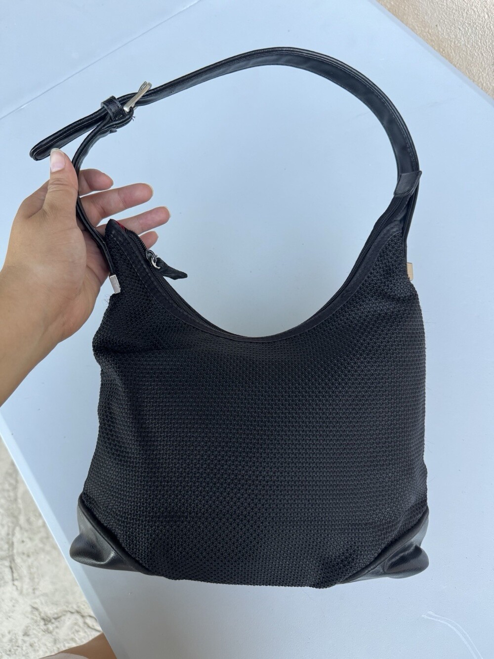 The Sak Black Woven Fabric With Black Leather Trim Hobo Bag